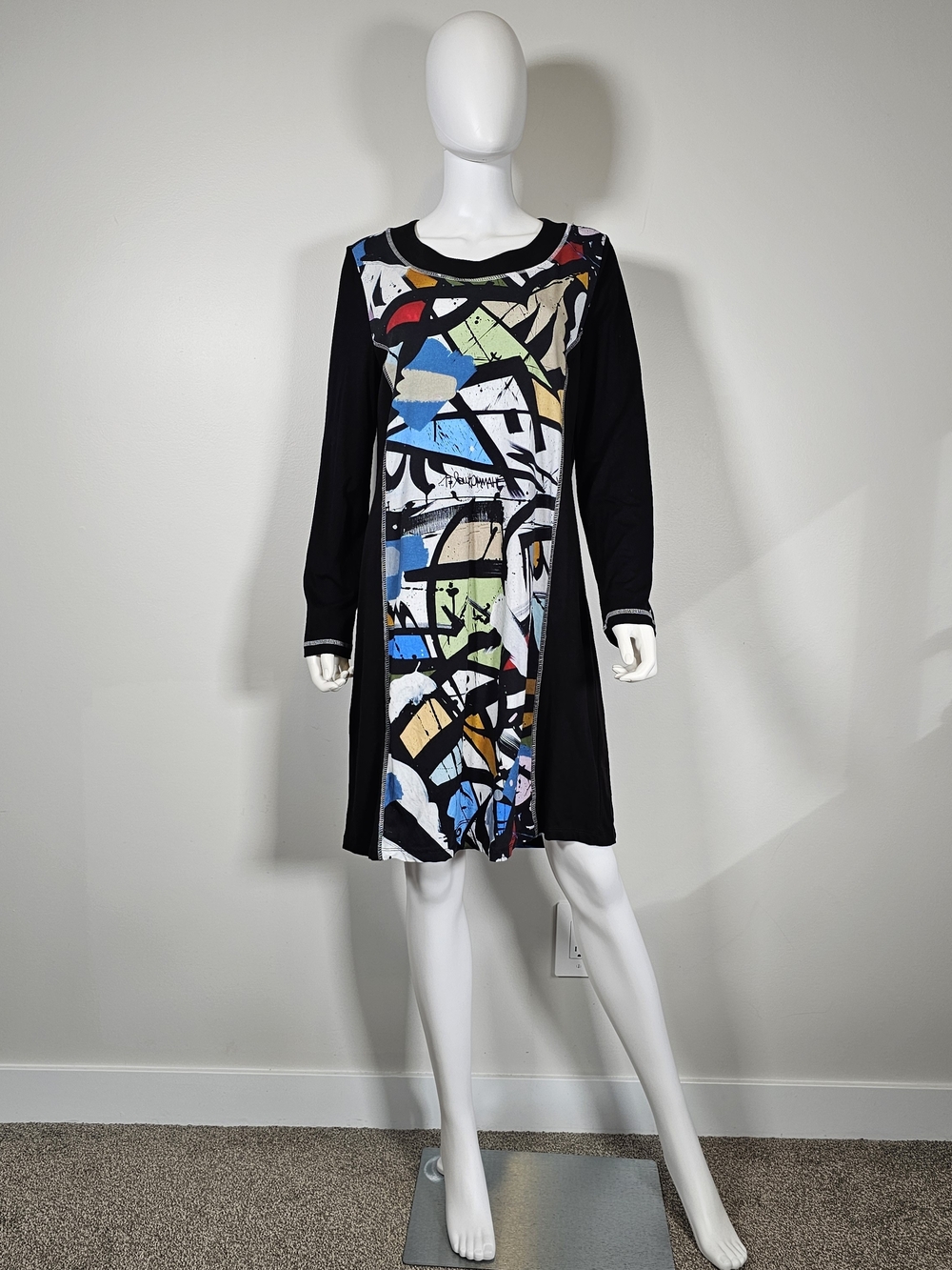 Dolcezza Black Long-Sleeve Dress with Multicolor Abstract Panels Sz XL